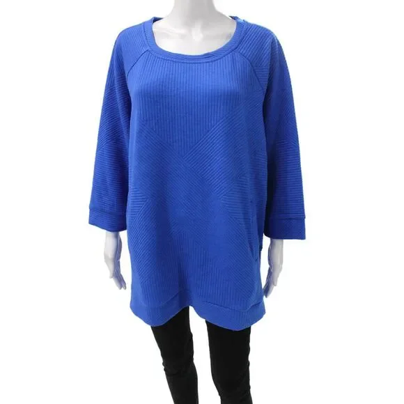 Tribal Women Blue Geometric Tunic 3/4 Sleeve Round Neck Polyester Blend Size L