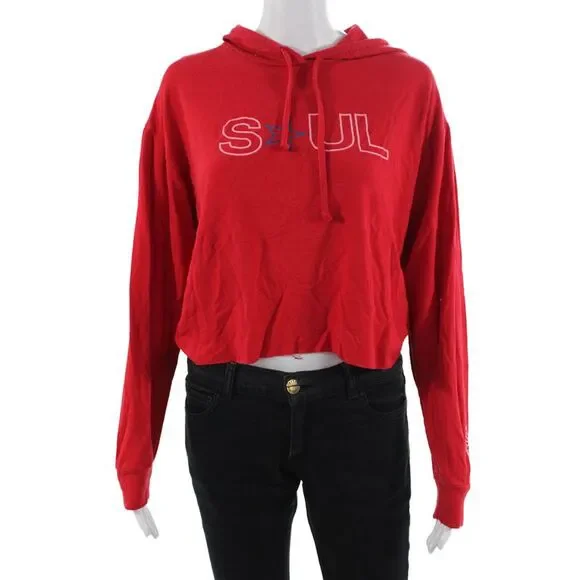 Soul Cycle Women Pullover Hoodie Red Graphic Drawstring Long Sleeve Size S