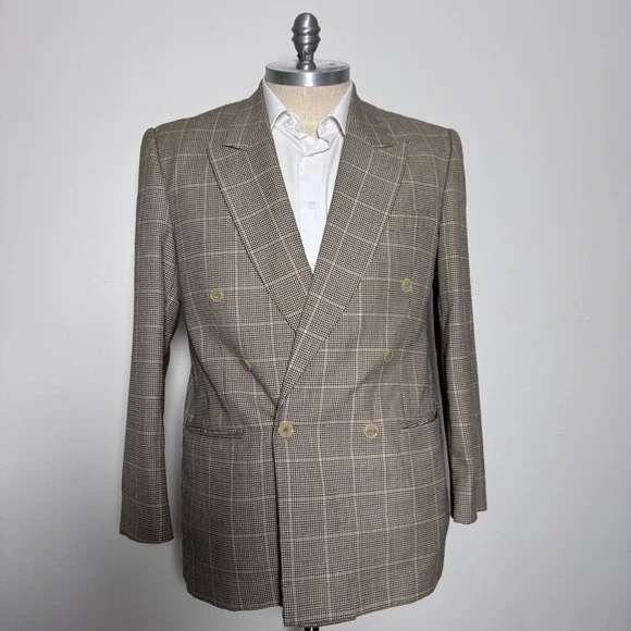 Max Nanault Blazer Mens 44‎ Brown Glen Check Double Breasted Vintage Paris