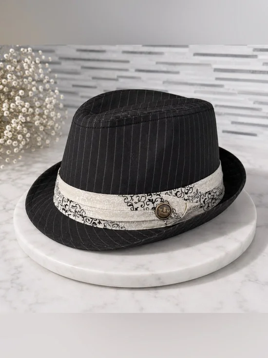 100% Wool Classic Black Pinstripe Classic Fedora with Cream Patterned Band Hat M