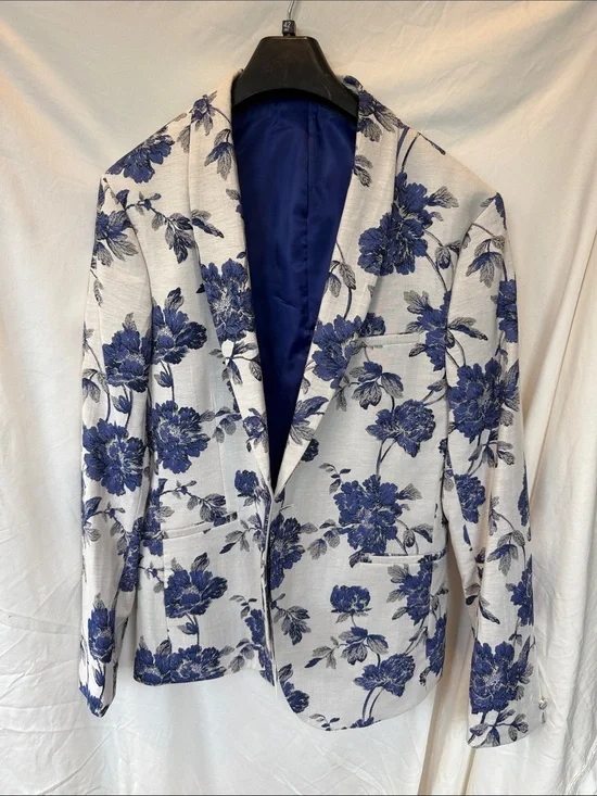 Topman Men's Floral White & Blue Blazer - Elegant Evening Jacket