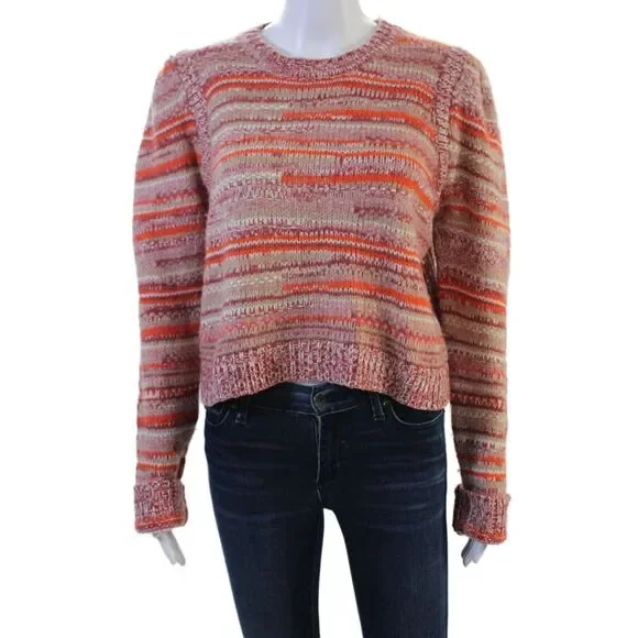Intermix Women Pullover Sweater Orange Striped Crew Neck Long Sleeve Size M