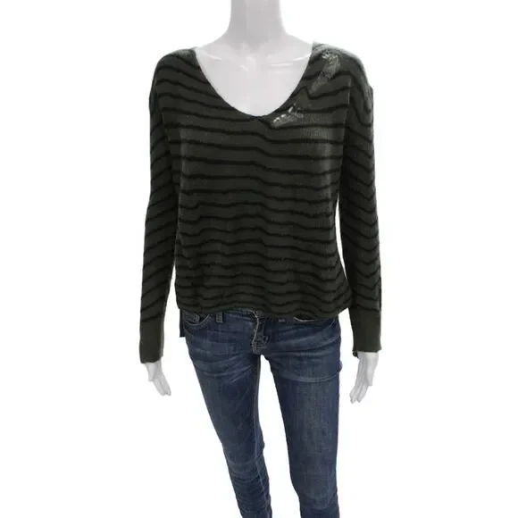 R+A Women Cashmere Pullover V-Neck Striped Long Sleeve Green Grunge Size S