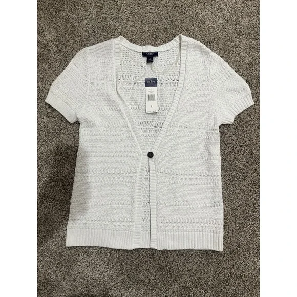 Chaps Denim Santorini White Knit Short Sleeve Button‎ Cardigan Sweater Large NWT