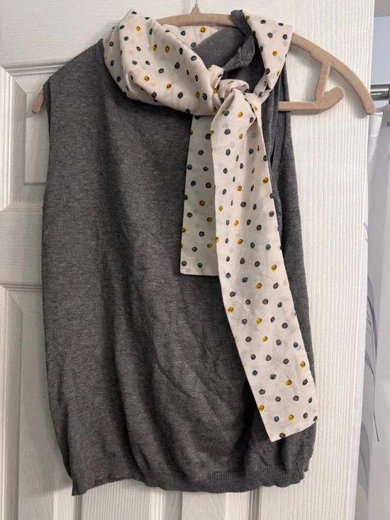 Mango Charcoal Gray Sleeveless Knit Vest with Ivory Polka Dot Scarf