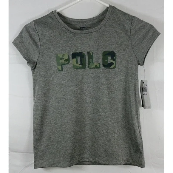 NWT Youth Polo Ralph Lauren‎ Gray Heather w/ Green Camo POLO Logo T-Shirt 8-10