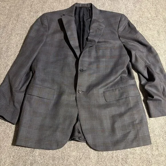 Tom James Executive Collection Blazer Mens 44 Blue Plaid 2 Button Suit Jacket