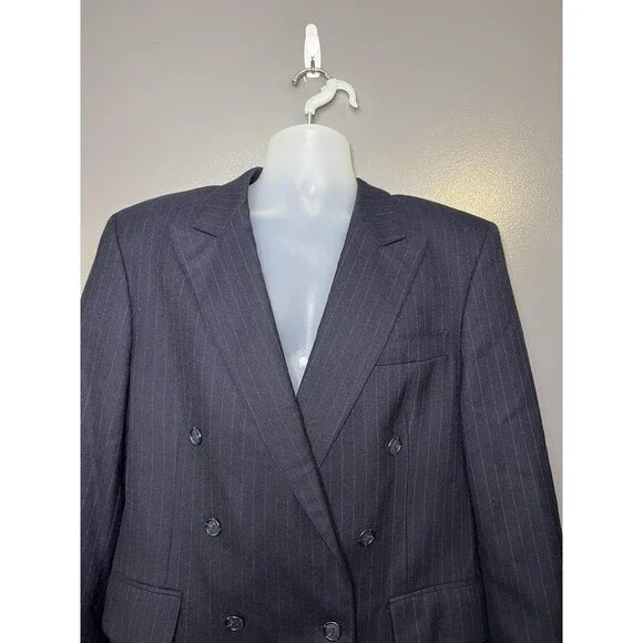 Christopher Brooks Suit Jacket Mens 41R Blue Pinstripe Double Breasted Wool