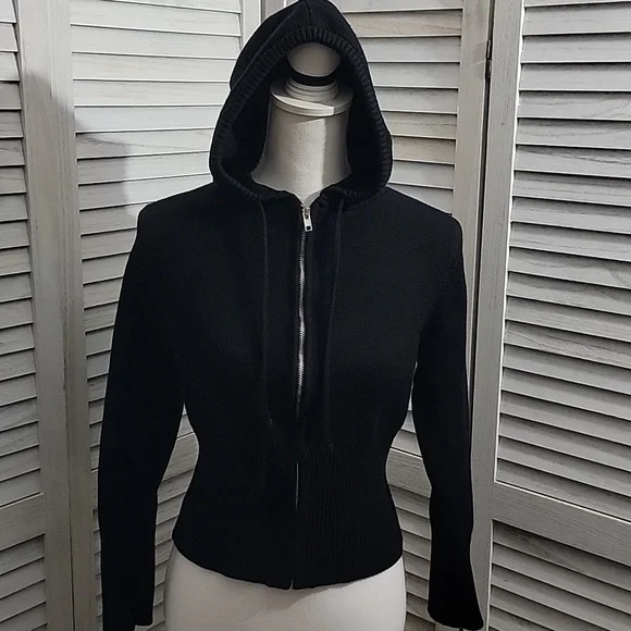 Orange Kiss Black Ribbed Cropped Knit Hoodie Zipper Cardigan