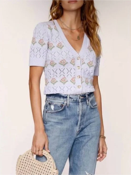 Heartloom Floral Short Sleeve Crochet Knit Sweater Sz M Cottagecore 100% Cotton