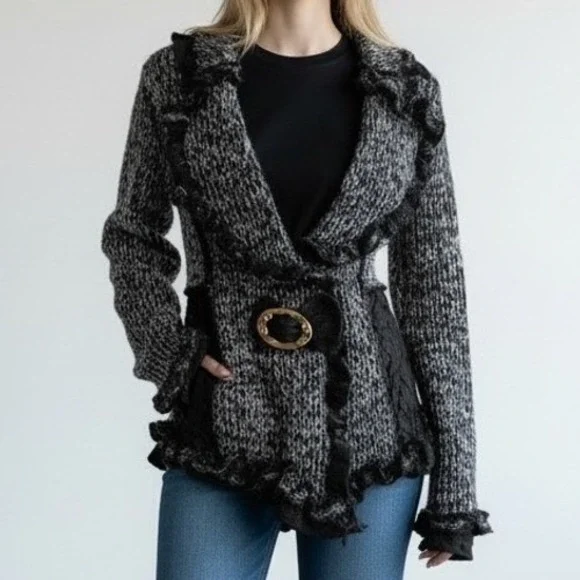 COCO & TASHI Black White Marled Ruffle Lace Cardigan Sweater‎ Women's L Office