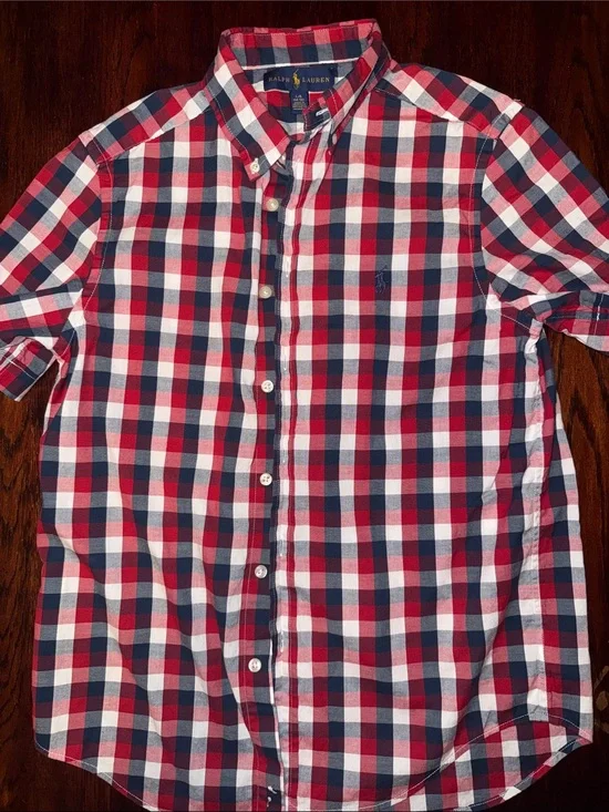 Ralph Lauren Red Navy White Plaid Short Sleeve Button-Down Shirt