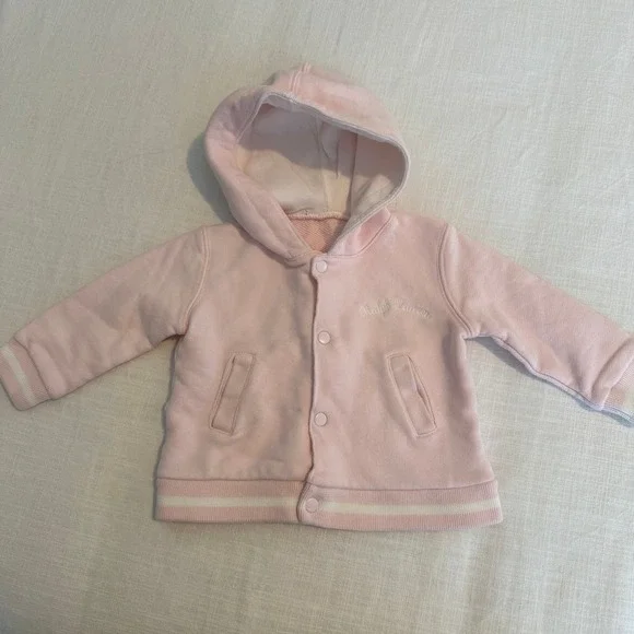 Ralph Lauren Baby‎ Girls Pink Varsity Hooded Sweatshirt Snap Front Jacket