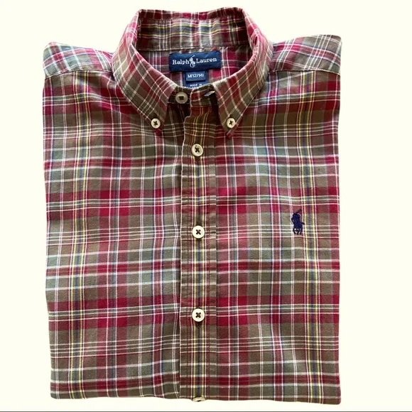 Ralph Lauren Boy’s Plaid Button Down Olive Brick Cotton Dressy School EUC Medium