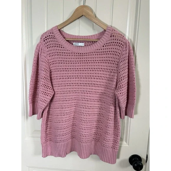 Sonoma Women Crochet Sweater XL Pink Short Sleeve Cotton Knit Boho Pullover