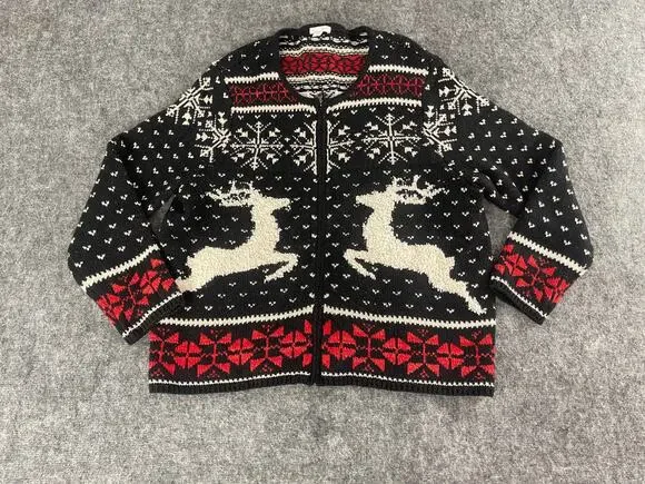 J Jill Sweater Womens Petites Large Black Deer Print Full Zip Cardigan Wool N313