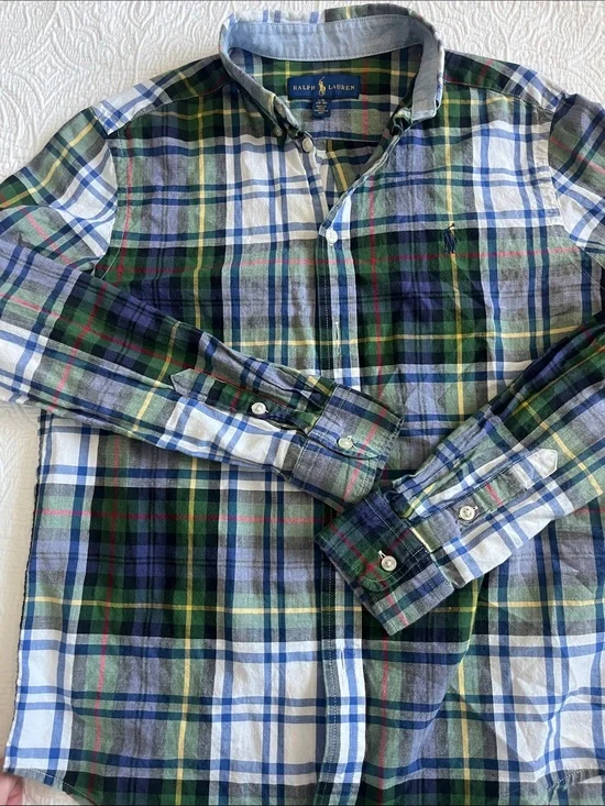 Ralph Lauren Green, Blue and White Plaid Button-Down Shirt Boys large 14/16