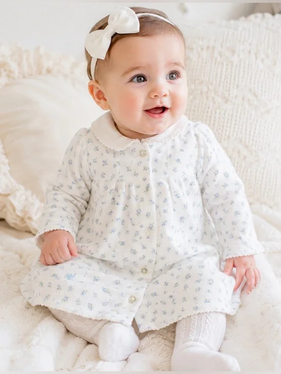 Ralph Lauren Baby Girls 3M Blue Floral Button Down Velour Dress Peter Pan Collar