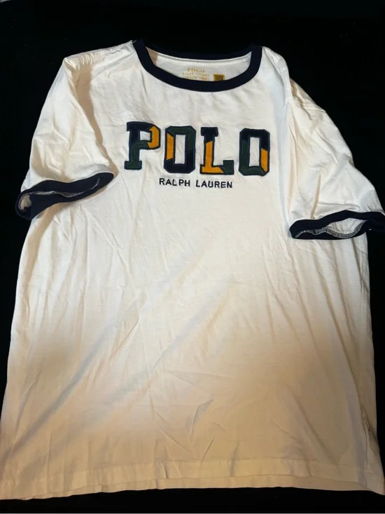 Ralph Lauren White Ringer Tee with Navy Trim and Multicolor Embroidered POLO
