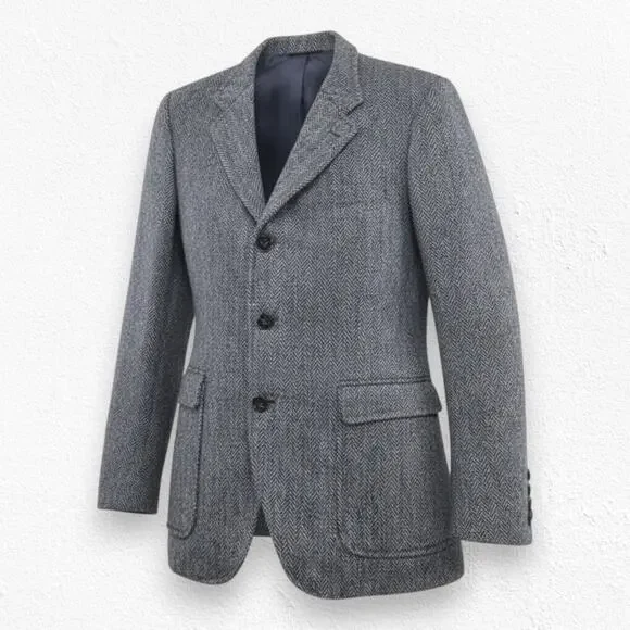 Vintage 50s Harris Tweed Wool Blazer Navy Gray Herringbone USA Made Size 42R