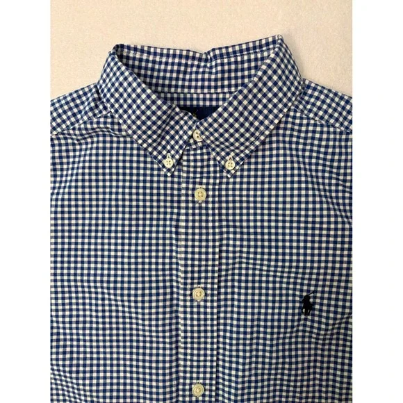 Ralph Lauren Boys XL 18-20 Blue Gingham Natural Stretch Button Down Shirt Pony