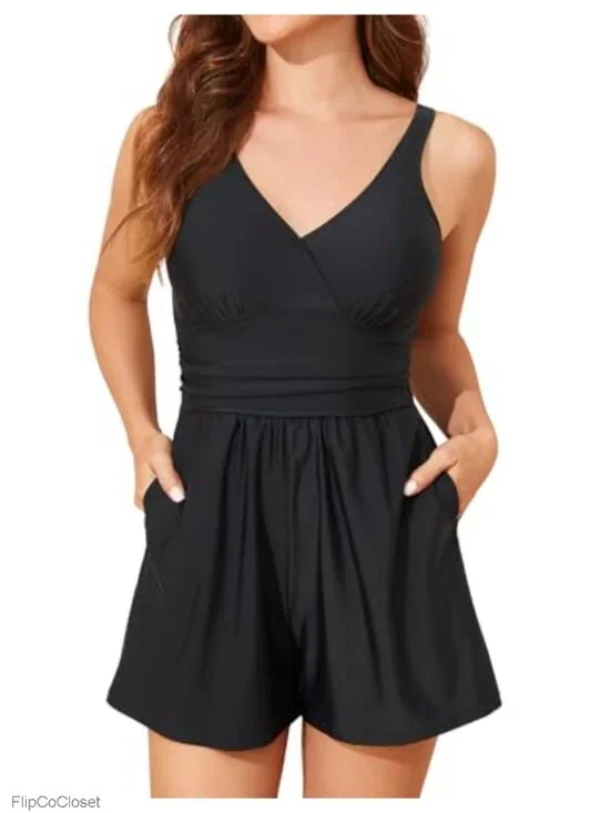 Women's Tummy Control Swim Romper One Piece V Neck Modest Bathing Suit with