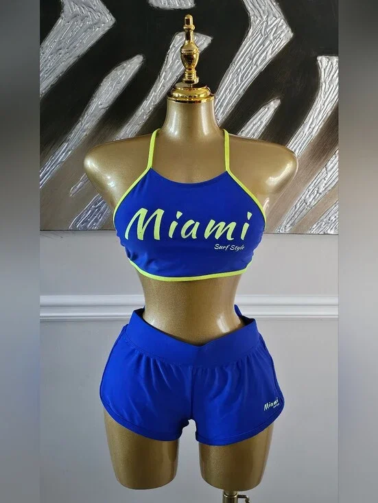 Miami Surf Style Blue Neon Green 2 Piece Bikini Short Set S/XS