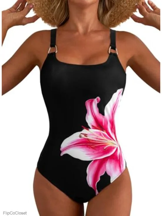 Women's One Piece Swimsuit Floral Tummy Control U Neck Metal Ring Wide Straps