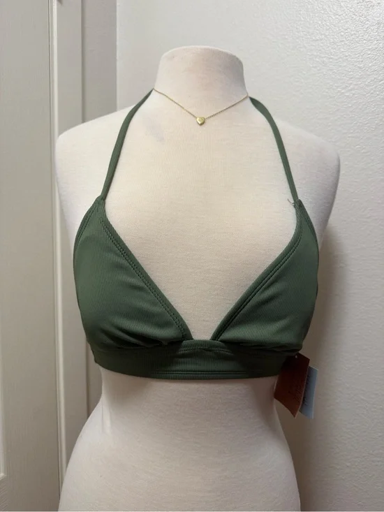 Ribbed Triangle Halter Bikini Top - Olive Green