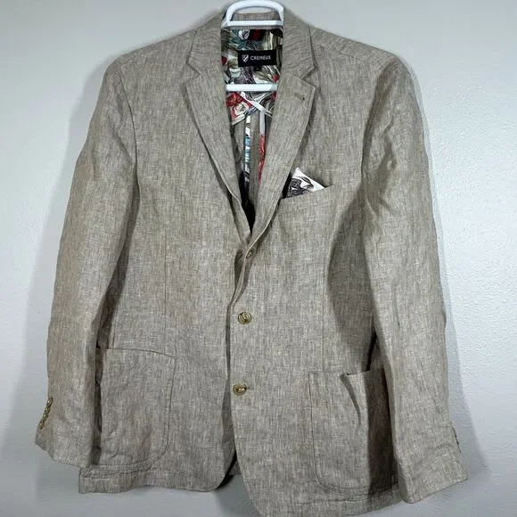 Cremieux Sport Coat Mens L 38 Beige Linen Lightweight Summer Jacket Floral Lined