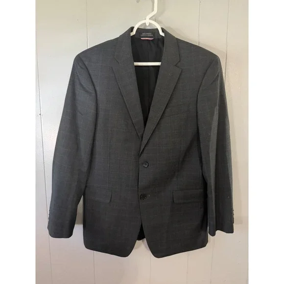 Tommy Hilfiger Blazer Mens 38R TH Flex Gray Windowpane Plaid Wool Blend EUC