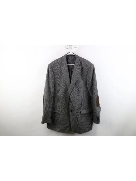 Ralph Lauren Mens 48L Wool Houndstooth Suede Elbow Patch Suit Blazer Jacket Gray