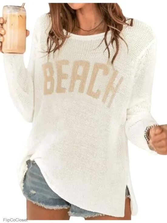 Crochet Beach Cover Up - Long Sleeve Letter Print Swimwear Sweater