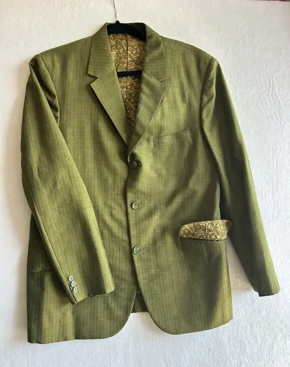 A-Tam Men's Green Striped Tuxedo Blazer S Regular Single-Breasted 3-Button