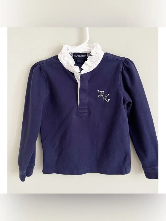 Ralph Lauren navy blue top with stand up ruffle collar