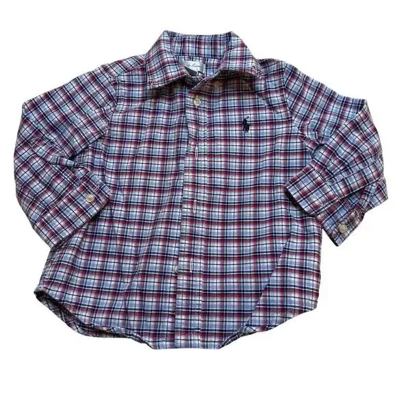 Ralph Lauren Plaid Button Down Shirt sz 18 M Red White Blue Plaid Preppy Classic