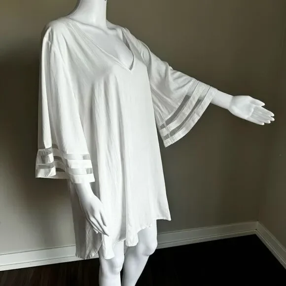 White Belle Sleeve V-Neck Chiffon/Rayon Beach Cover-Up XL
