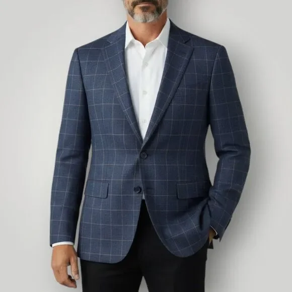 JOSEPH ABBOUD 46R Navy Plaid Mens Blazer Sport Coat Suit Jacket Classic fit
