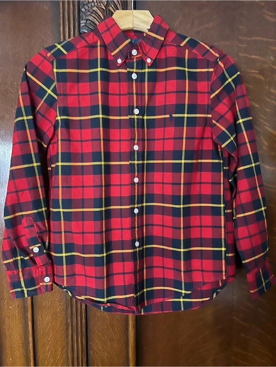 Ralph Lauren Red Plaid Button-Down Shirt with Yellow Accent