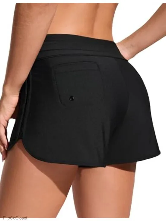 High Waisted Dolphin Hem Swim Shorts with Built-in Briefs, Quick-Dry