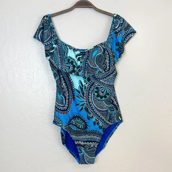 •JANTZEN• Off-the-Shoulder Ruffle One Piece Swimsuit in Aqua Reef‎ Print Size 10