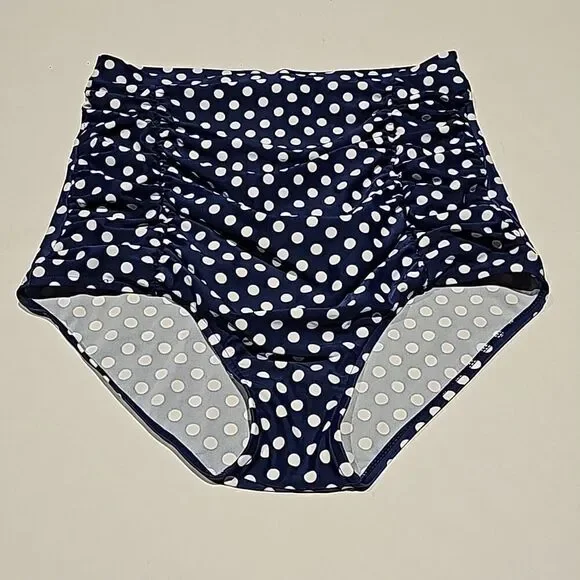 Navy and white polka dot high waisted runched side,swim bottom size XL