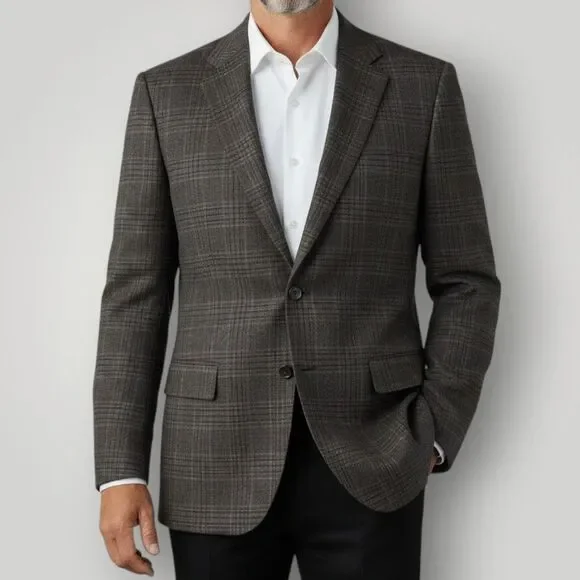 JOSEPH ABBOUD 46R Brown Plaid Stretch Wool Mens Blazer Sport Coat Suit Jacket