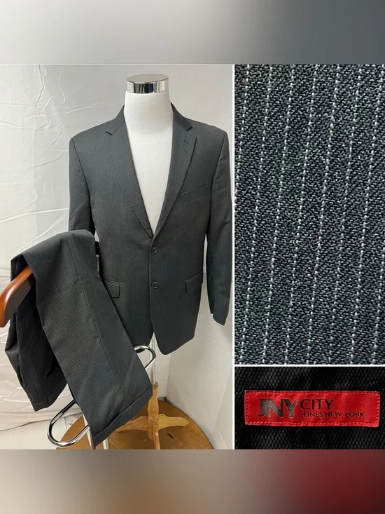 Jones New York Men's 42R Blazer Jacket 35x32 Pants Gray Pinstripe Wool Suit