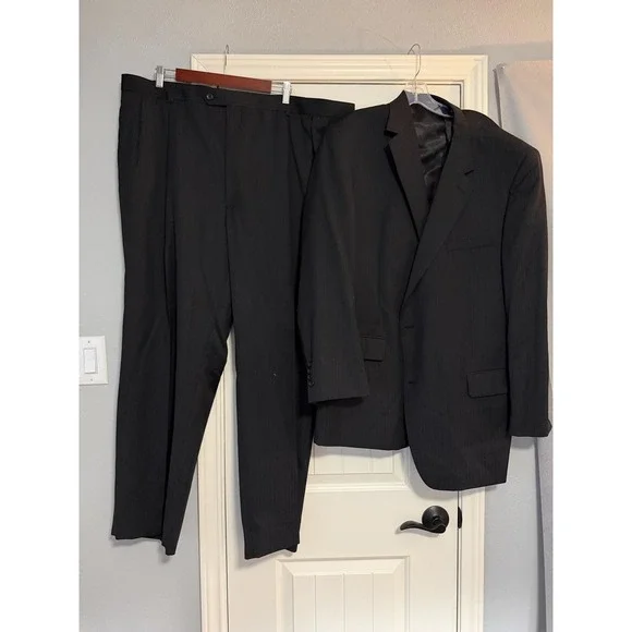 Joseph & Feiss Suit Mens 48L 46x30 Gray Wool Stripe 2 Piece Jacket Pants Formal