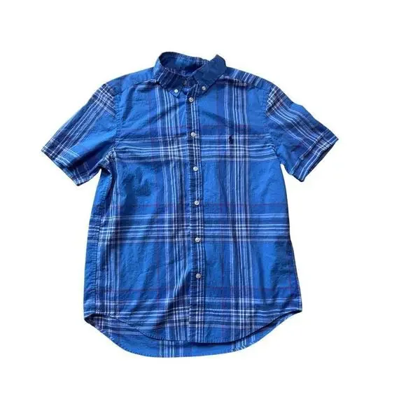 Ralph Lauren BOYS size 14/16; Collared,  short sleeve shirt, Blue Plaid print