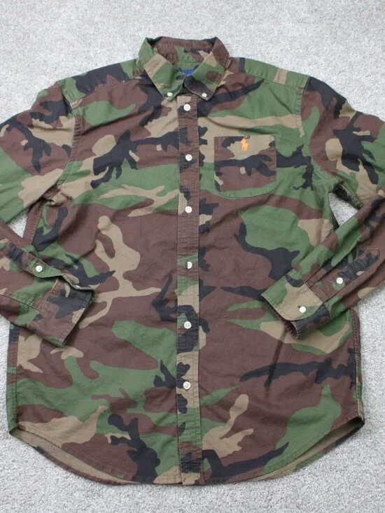 Ralph Lauren Shirt Youth XL (18-20) Green/Black Camo 100% Cotton Long Sleeve