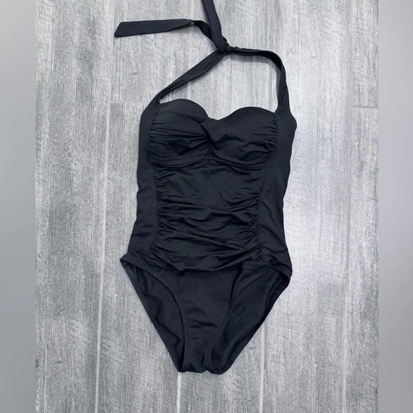 LA BLANCA Shirred‎ One Piece Halter Swimsuit Black Womens US 4