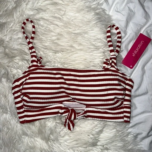 Xhilaration | NWT Ribbed Striped Tie Front Keyhole Bikini Top Red White S