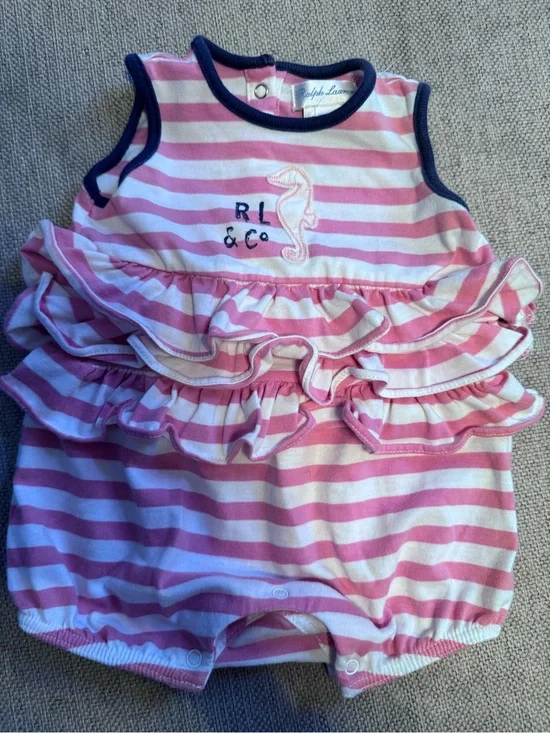 Ralph Lauren Pink & White Striped Ruffle Baby Romper with Navy Trim 3 Months